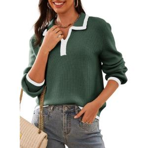 imageDokotoo Sweaters for Women Fashion Long Sleeve Lapel Collar V Neck Casual Knit Color Block Pullover Sweater Jumpers TopsGreen
