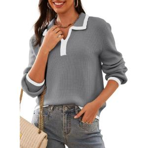 imageDokotoo Sweaters for Women Fashion Long Sleeve Lapel Collar V Neck Casual Knit Color Block Pullover Sweater Jumpers TopsGrey