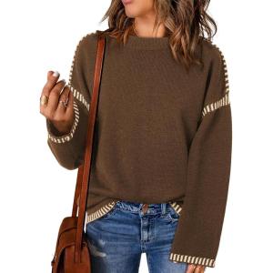 imageDokotoo Sweaters for Women Fashion Solid Crewneck Loose Fit Long Sleeve Contrast Cable Knit Pullover Sweater Jumper TopsCoffee