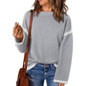 imageDokotoo Sweaters for Women Fashion Solid Crewneck Loose Fit Long Sleeve Contrast Cable Knit Pullover Sweater Jumper TopsGray