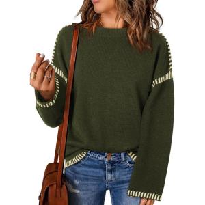 imageDokotoo Sweaters for Women Fashion Solid Crewneck Loose Fit Long Sleeve Contrast Cable Knit Pullover Sweater Jumper TopsGreen