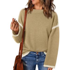 imageDokotoo Sweaters for Women Fashion Solid Crewneck Loose Fit Long Sleeve Contrast Cable Knit Pullover Sweater Jumper TopsKhaki