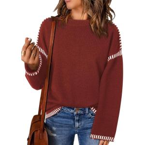 imageDokotoo Sweaters for Women Fashion Solid Crewneck Loose Fit Long Sleeve Contrast Cable Knit Pullover Sweater Jumper TopsRed