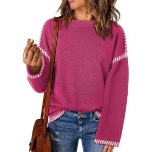 imageDokotoo Sweaters for Women Fashion Solid Crewneck Loose Fit Long Sleeve Contrast Cable Knit Pullover Sweater Jumper TopsRose Red