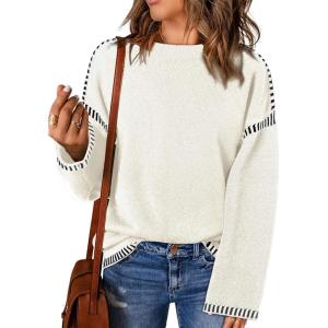 imageDokotoo Sweaters for Women Fashion Solid Crewneck Loose Fit Long Sleeve Contrast Cable Knit Pullover Sweater Jumper TopsWhite