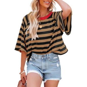 imageDokotoo Tops for Women Striped 2025 Fashion T Shirts for Women Color Block Crewneck Design Loose Basic TeeA Brown Stripe