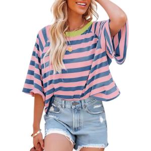 imageDokotoo Tops for Women Striped 2025 Fashion T Shirts for Women Color Block Crewneck Design Loose Basic TeeA Pink Stripe