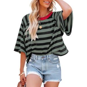 imageDokotoo Tops for Women Striped 2025 Fashion T Shirts for Women Color Block Crewneck Design Loose Basic TeeBlack