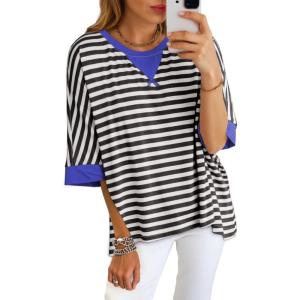 imageDokotoo Tops for Women Striped 2025 Fashion T Shirts for Women Color Block Crewneck Design Loose Basic TeeBlack Strip 9