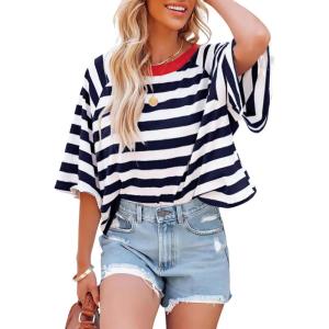 imageDokotoo Tops for Women Striped 2025 Fashion T Shirts for Women Color Block Crewneck Design Loose Basic TeeBlue Stripe