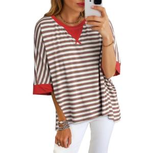 imageDokotoo Tops for Women Striped 2025 Fashion T Shirts for Women Color Block Crewneck Design Loose Basic TeeBrown Strip 9