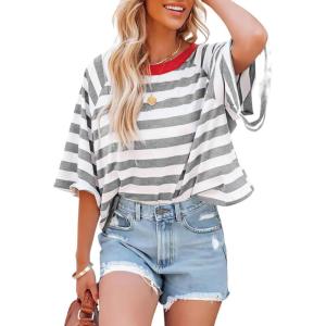 imageDokotoo Tops for Women Striped 2025 Fashion T Shirts for Women Color Block Crewneck Design Loose Basic TeeGray Stripe
