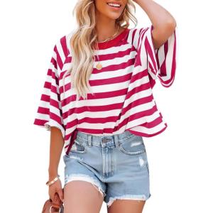 imageDokotoo Tops for Women Striped 2025 Fashion T Shirts for Women Color Block Crewneck Design Loose Basic TeeRose