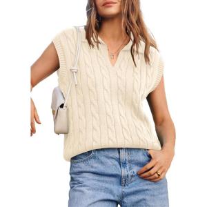 imageDokotoo VNeck Lapel Collar Cable Knit Vest Top for Women  Spring Outfits 2025Beige