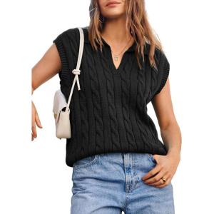 imageDokotoo VNeck Lapel Collar Cable Knit Vest Top for Women  Spring Outfits 2025Black