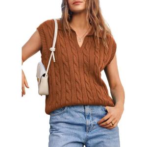 imageDokotoo VNeck Lapel Collar Cable Knit Vest Top for Women  Spring Outfits 2025Brown