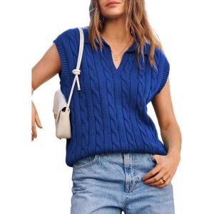 imageDokotoo VNeck Lapel Collar Cable Knit Vest Top for Women  Spring Outfits 2025Dark Blue