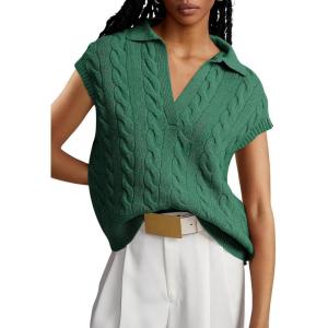 imageDokotoo VNeck Lapel Collar Cable Knit Vest Top for Women  Spring Outfits 2025Green