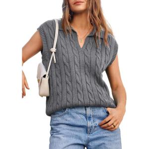 imageDokotoo VNeck Lapel Collar Cable Knit Vest Top for Women  Spring Outfits 2025Grey