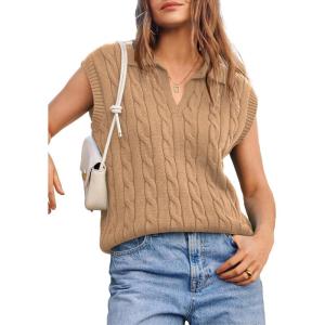 imageDokotoo VNeck Lapel Collar Cable Knit Vest Top for Women  Spring Outfits 2025Khaki