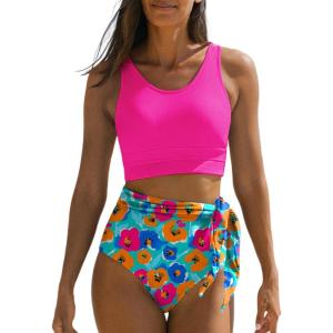 imageDokotoo Womens 2 Piece Swimsuit Scoop Neck Sleeveless 2025 Racerback Top Tummy Control Tie Knot Bathing Suits Floral BottomsRose