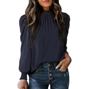 imageDokotoo Womens 2024 Long Sleeve High Neck Puff Long Sleeve Casual Loose Shirts Tops and BlousesBlue 2