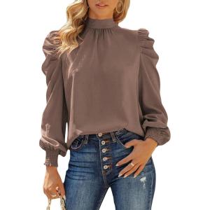 imageDokotoo Womens 2024 Long Sleeve High Neck Puff Long Sleeve Casual Loose Shirts Tops and BlousesBrown