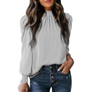 imageDokotoo Womens 2024 Long Sleeve High Neck Puff Long Sleeve Casual Loose Shirts Tops and BlousesGray