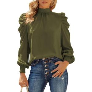 imageDokotoo Womens 2024 Long Sleeve High Neck Puff Long Sleeve Casual Loose Shirts Tops and BlousesGreen 2