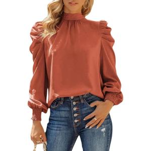 imageDokotoo Womens 2024 Long Sleeve High Neck Puff Long Sleeve Casual Loose Shirts Tops and BlousesOrange 2