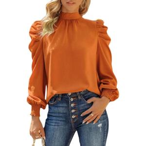 imageDokotoo Womens 2024 Long Sleeve High Neck Puff Long Sleeve Casual Loose Shirts Tops and BlousesOrange