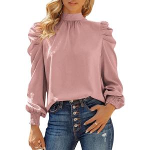 imageDokotoo Womens 2024 Long Sleeve High Neck Puff Long Sleeve Casual Loose Shirts Tops and BlousesPink