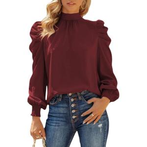 imageDokotoo Womens 2024 Long Sleeve High Neck Puff Long Sleeve Casual Loose Shirts Tops and BlousesRed 2