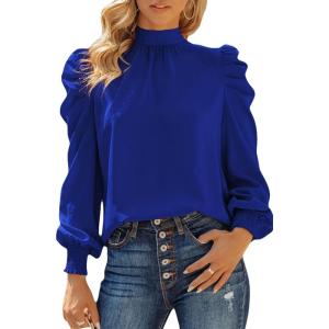 imageDokotoo Womens 2024 Long Sleeve High Neck Puff Long Sleeve Casual Loose Shirts Tops and BlousesSky Blue