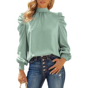 imageDokotoo Womens 2024 Long Sleeve High Neck Puff Long Sleeve Casual Loose Shirts Tops and BlousesSky Blue 2
