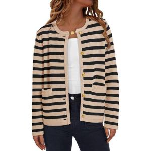 imageDokotoo Womens 2025 Fashion Casual Crew Neck Open Front Long Sleeve Chunky Knit Striped Cardigans Sweaters Outerwear CoatsApricot Stripe