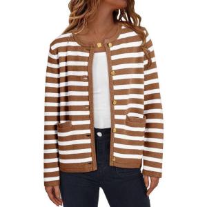 imageDokotoo Womens 2025 Fashion Casual Crew Neck Open Front Long Sleeve Chunky Knit Striped Cardigans Sweaters Outerwear CoatsBrown Stripe