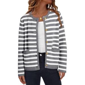 imageDokotoo Womens 2025 Fashion Casual Crew Neck Open Front Long Sleeve Chunky Knit Striped Cardigans Sweaters Outerwear CoatsGray Stripe