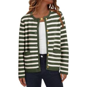 imageDokotoo Womens 2025 Fashion Casual Crew Neck Open Front Long Sleeve Chunky Knit Striped Cardigans Sweaters Outerwear CoatsGreen Stripe
