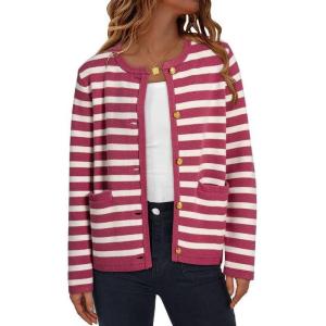 imageDokotoo Womens 2025 Fashion Casual Crew Neck Open Front Long Sleeve Chunky Knit Striped Cardigans Sweaters Outerwear CoatsRose Stripe