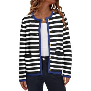 imageDokotoo Womens 2025 Fashion Casual Crew Neck Open Front Long Sleeve Chunky Knit Striped Cardigans Sweaters Outerwear CoatsWhite Stripe