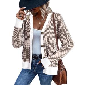 imageDokotoo Womens 2025 Fashion Casual Open Front Long Sleeve Chunky Knit Striped Cardigans Sweaters Outerwear CoatsBrown
