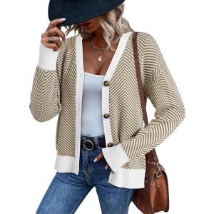 imageDokotoo Womens 2025 Fashion Casual Open Front Long Sleeve Chunky Knit Striped Cardigans Sweaters Outerwear CoatsKhaki
