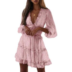 imageDokotoo Womens 2025 Spring Summer Deep V Neck Long Sleeve Backless Ruffle Floral Flowy Mini DressS New Pink Floral