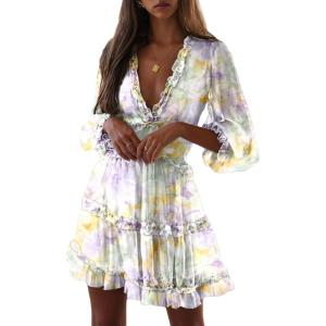 imageDokotoo Womens 2025 Spring Summer Deep V Neck Long Sleeve Backless Ruffle Floral Flowy Mini DressS New Yellow Floral