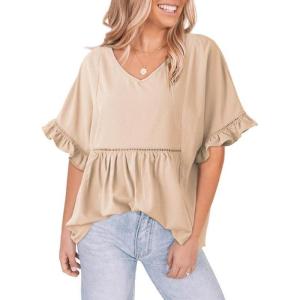imageDokotoo Womens Blouses Smocked Casual V Neck Ruffle Bell Half Sleeve Shirts TopApricot