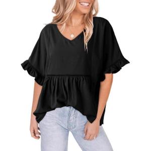 imageDokotoo Womens Blouses Smocked Casual V Neck Ruffle Bell Half Sleeve Shirts TopBlack