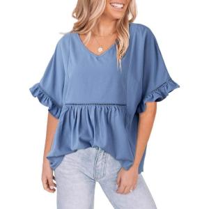imageDokotoo Womens Blouses Smocked Casual V Neck Ruffle Bell Half Sleeve Shirts TopBlue