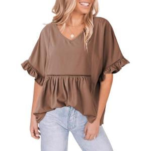 imageDokotoo Womens Blouses Smocked Casual V Neck Ruffle Bell Half Sleeve Shirts TopBrown