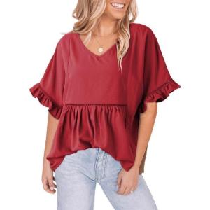 imageDokotoo Womens Blouses Smocked Casual V Neck Ruffle Bell Half Sleeve Shirts TopRed